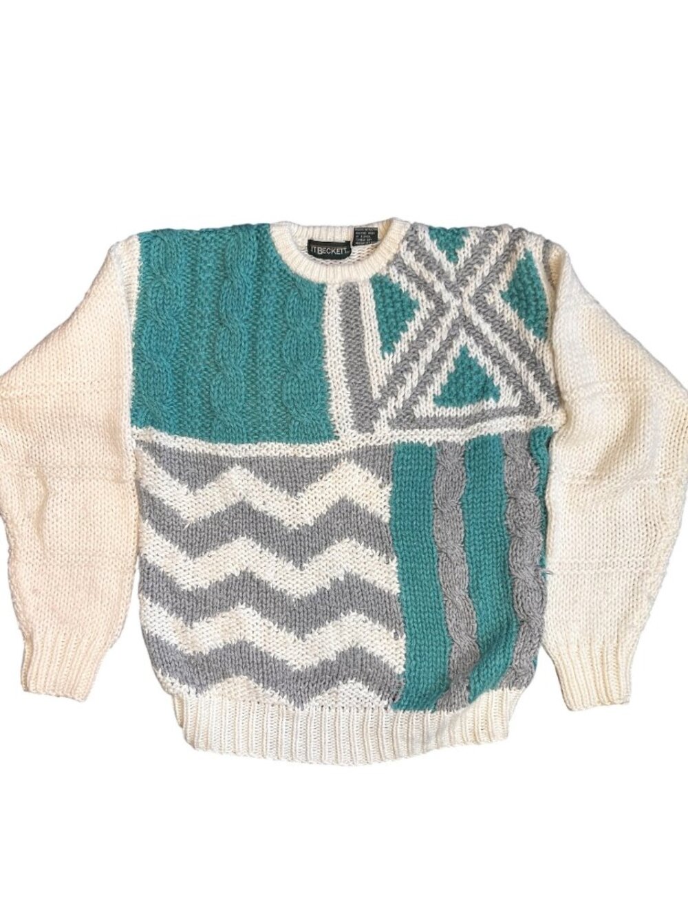 VTG  JT Beckett Sweater Men L Teal Gray White Abstract Chunky Knit Patchwork 80s